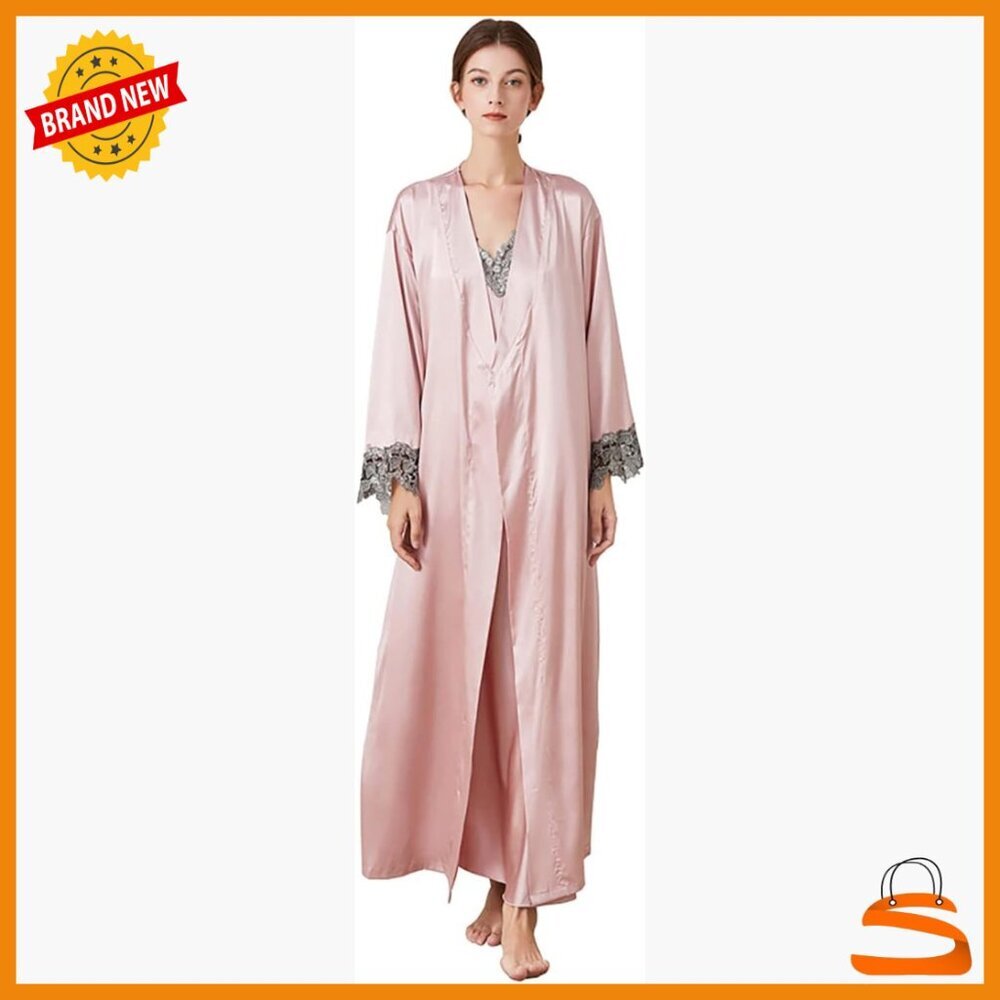 Satin Nightgown and Robe Set, Silk Sleepwear, V-Neck Chemise, Size Medium
